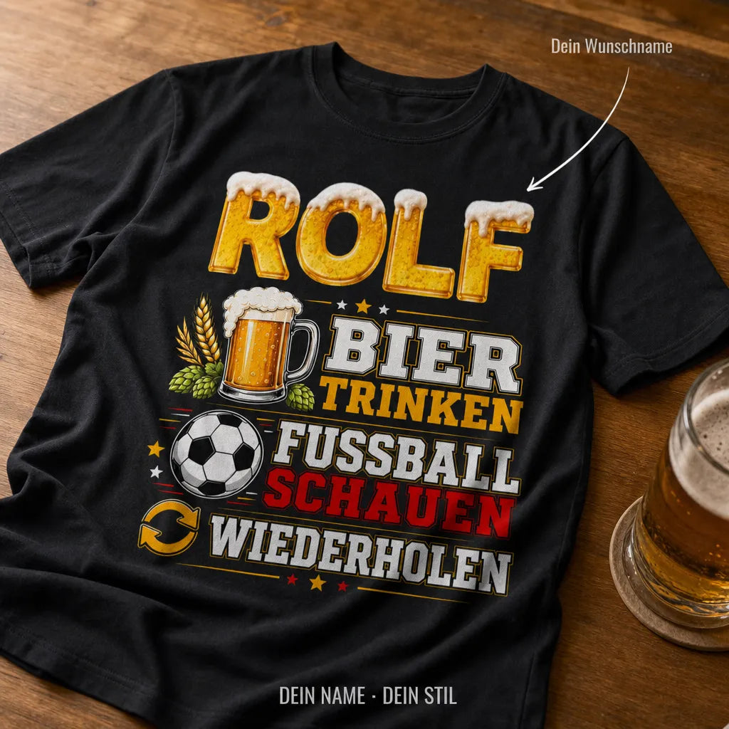 Personalisiertes Bier Fußball T-Shirt mit Namen - Trinken, Schauen, Wiederholen
