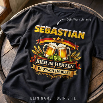 Personalisiertes Bier Deutschland T-Shirt mit Namen - Bier im Herzen, Deutsch im Blut
