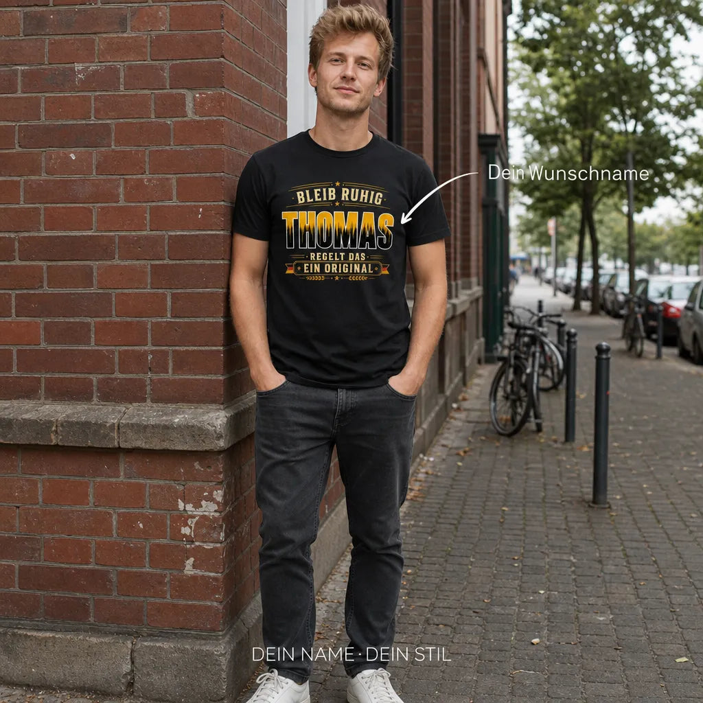 Personalisiertes Original T-Shirt mit Namen - Bleib ruhig, Name regelt das
