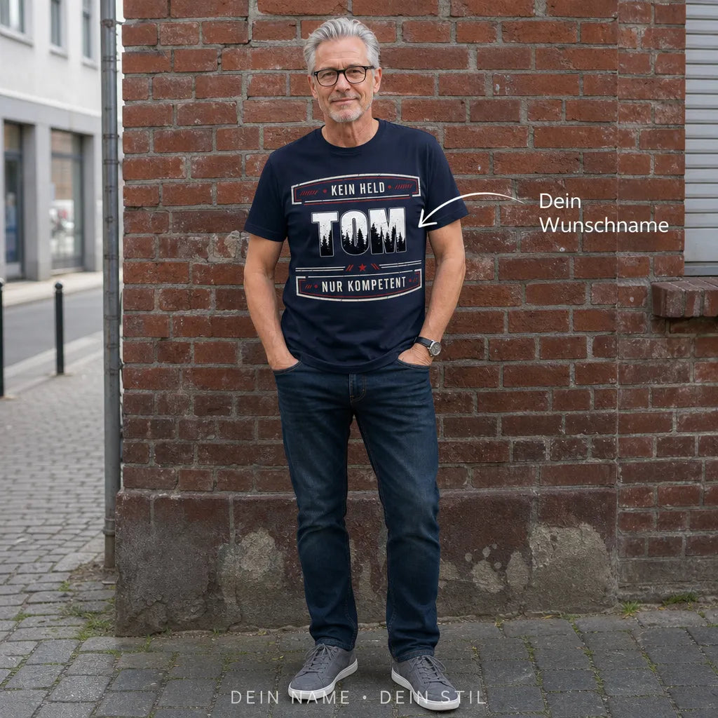 Personalisiertes Spruch T-Shirt mit Namen - Kein Held, nur kompetent