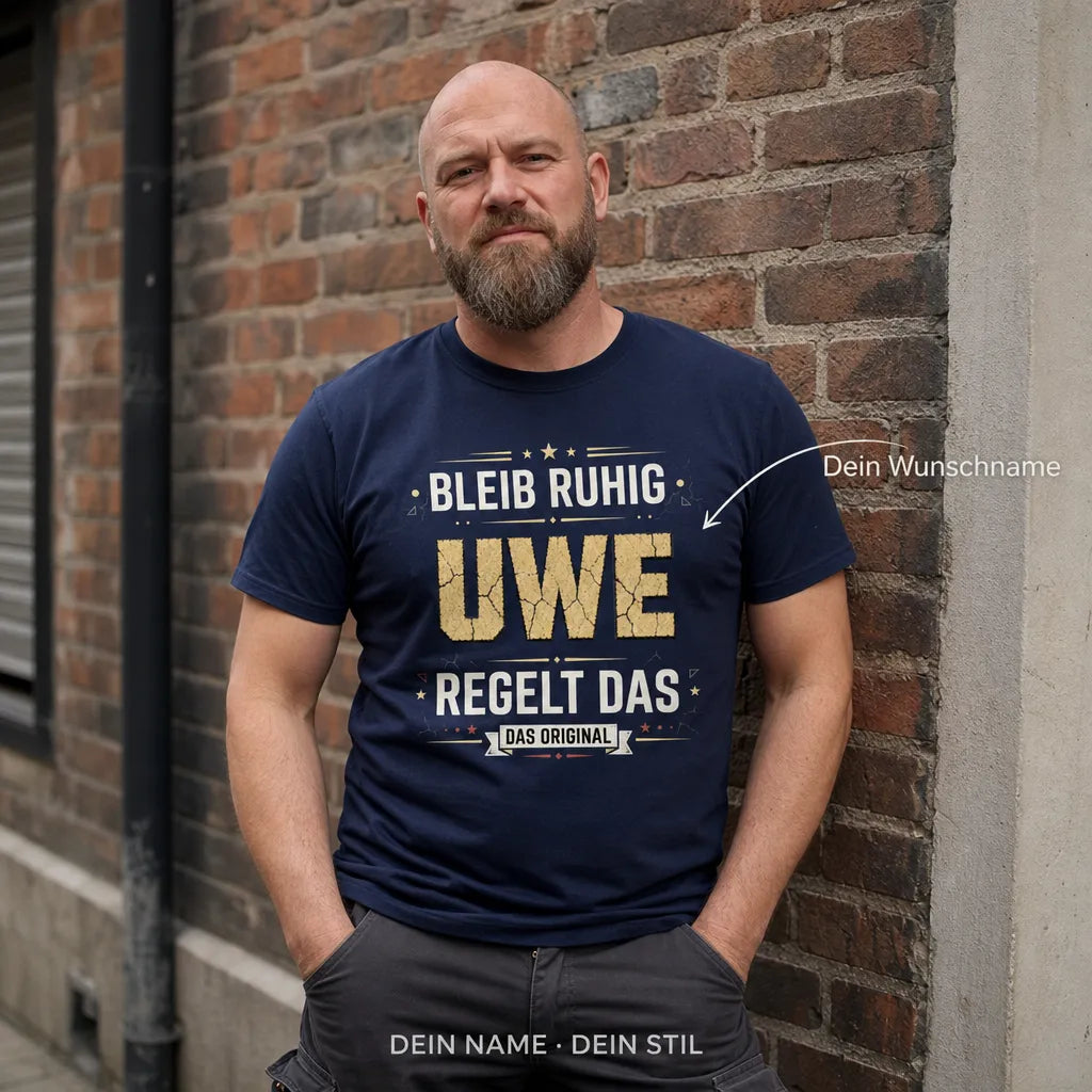 Personalisiertes Spruch T-Shirt mit Namen - Bleib Ruhig, sie regelt das