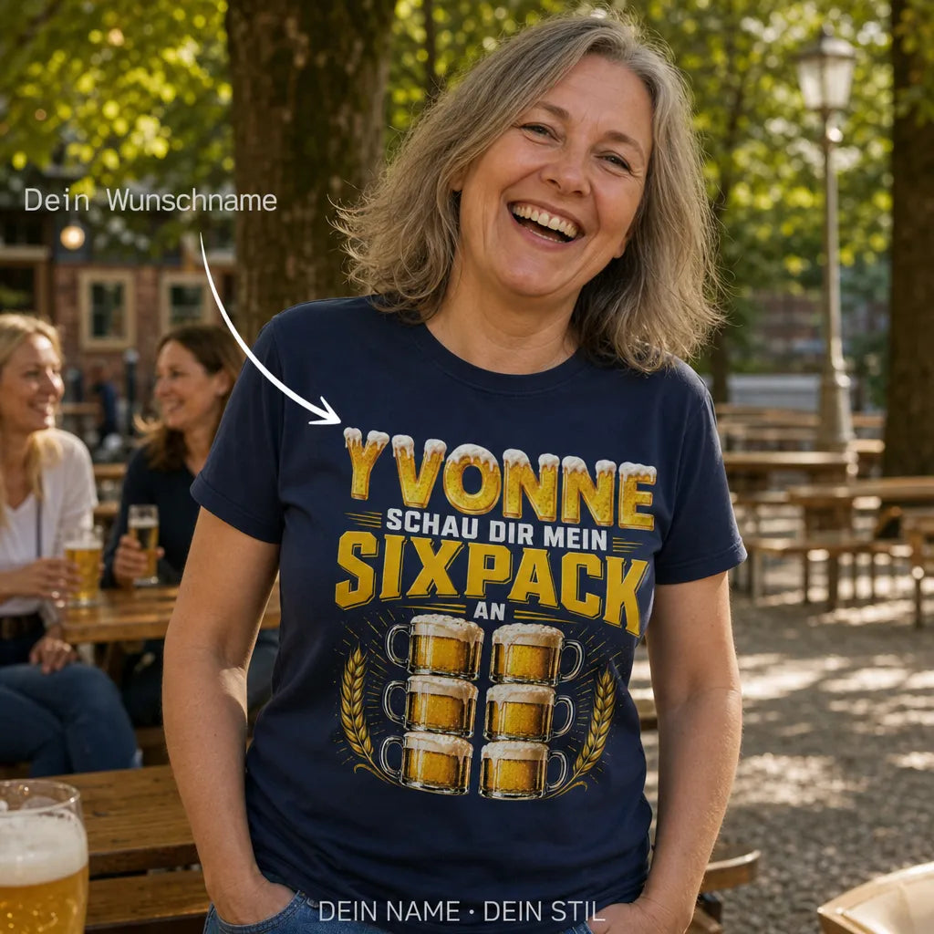 Personalisiertes Bier T-Shirt mit Namen - Schau dir meinen Sixpack an